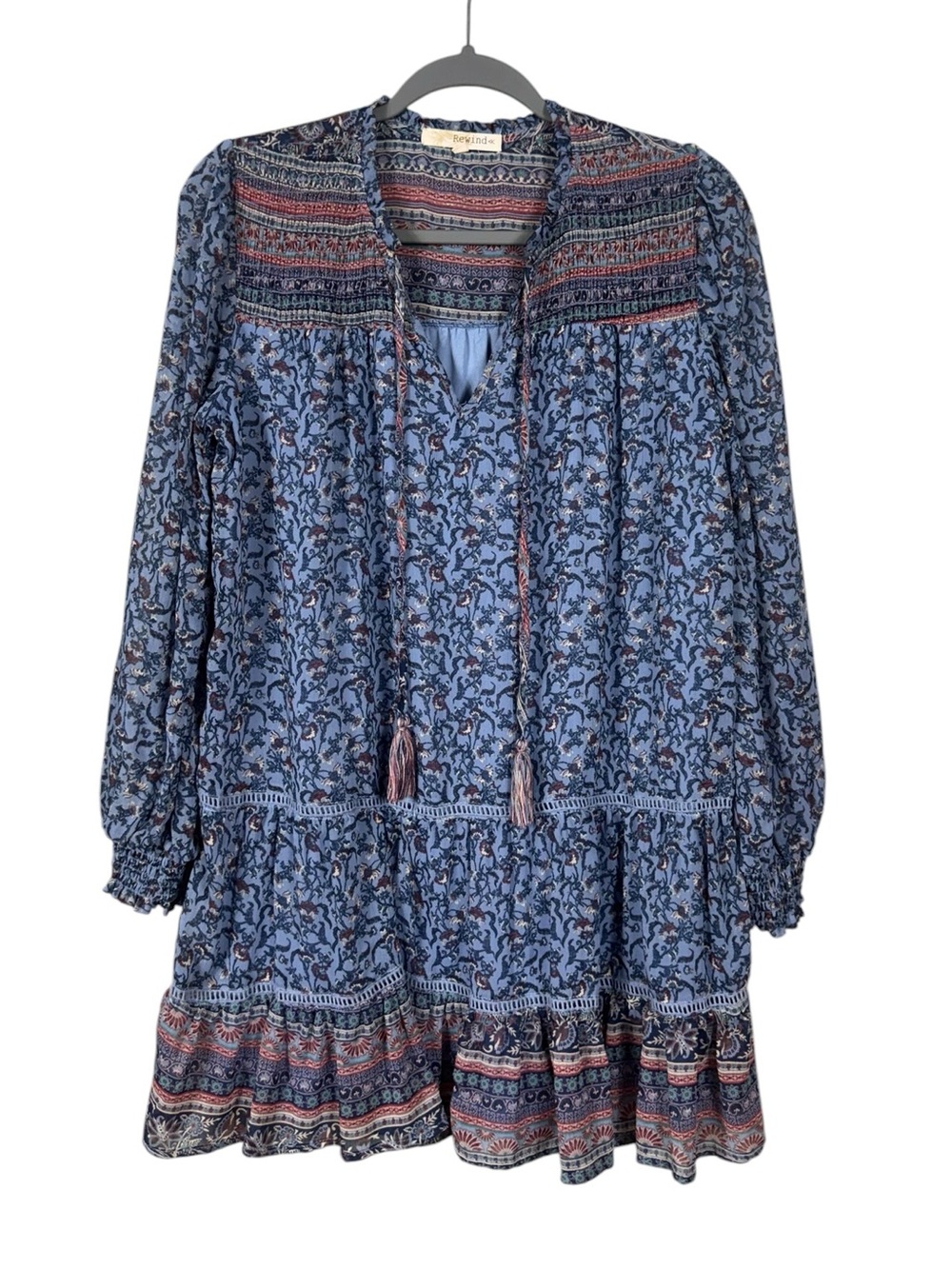 Bohemian Floral Dress Small Beachy Coastal Resort Cottage Peasant Prairie Tassel